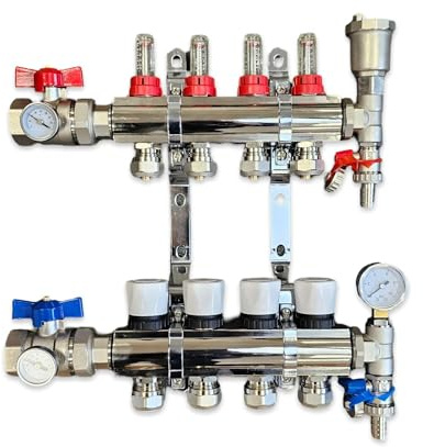 4 Port Complete Underfloor Heating Manifold with Pipe Connections, Ball Valves with Thermometers Set of 2, Automatic Air Vent & Pressure Gauge (Copper 15mm eurocones)