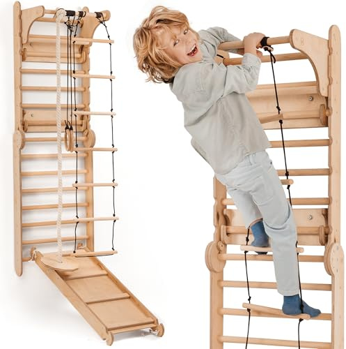 Goodevas Escalera Sueca Gimnasio Infantil de Interior - Juego Montessori Gimnasio de Escalada - Parque Infantil de Madera de Interior Juguetes de Escalada para Niños de 2 a 12 años