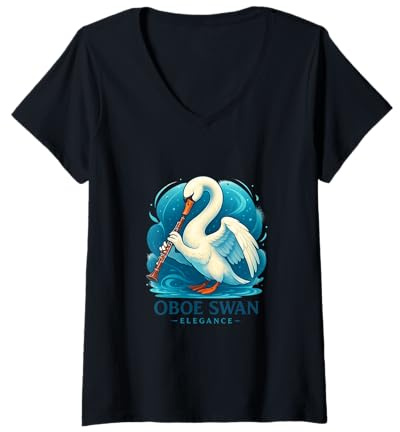 Donna Oboe Swan Graziosa Eleganza Musicale Maglietta con Collo a V