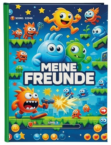 goldbuch 43 137 Freundebuch Level Up!, Freundschaftsbuch DIN A5 mit 88 illustrierten Seiten, Poesiealbum für Kita und Grundschule, Einband aus Kunstdruck mit Game-Motiv, ca. 21 x 15 x 1,5 cm | Schulfreunde-Buch mit blauem Kunstdruck-Einband Videospiel & 84 illustrierten Seiten für Kita, Hort & Schule, Made in Germany