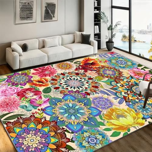 Bycmuoz Boho Drucke Läufer Teppich für Eingangsbereich, 70x140cm, Bunt Blumen Blumen Boden Teppich, Mandala Muster Design Weich Verblassen Beständig Faltbar Nicht Beleg Teppiche für Schlafzimmer