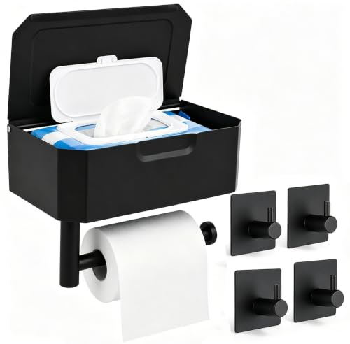 Toilettenpapierhalter mit Feuchttücherbox, 4 Klebehaken, Toilettenpapierhalter Ohne Bohren, Klopapierhalter Schwarz, Wc Papier Halterung, Edelstahl Klorollenhalter für Badezimmer