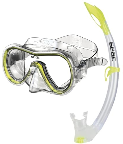 Seac Set Giglio, Set Snorkeling con Maschera Subacquea e Snorkel con Valvola di Spurgo Acqua per Adulti e Ragazzi, trasparente/giallo, ridotta