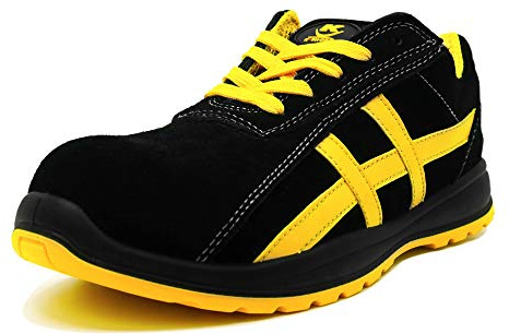 KELI FRANCE K•Protect - Chaussure de sécurité Baskets de sécurité en Cuir Souple antidérapante Embout Acier S1 SRC (HRO 80°) Modèle Bruce (Noir et Jaune) (44 EU Homme)