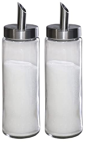 Neat Pour Sugar Dispenser, Shaker & Pourer - MODERN STYLE Brushed Nickel with Stainless Steel Lid, Dishwasher Safe for Sugar, Salt, Cocoa, Sprinkles. 8.4oz for coffee, tea, and baking (Pack of 2)
