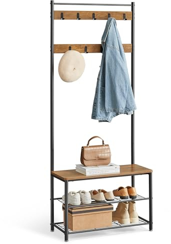 VASAGLE Coat Rack, Hall Tree with Shoe Storage Bench, Entryway Bench with Shoe Storage, 3-in-1, Steel Frame, for Entryway, 12.6 x 27.6 x 68.9 Inches, Industrial, Rustic Walnut and Black UHSR041B41