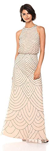 Adrianna Papell Womens Art Deco Beaded Blouson Dress with Halter Neckline, Nude, 18