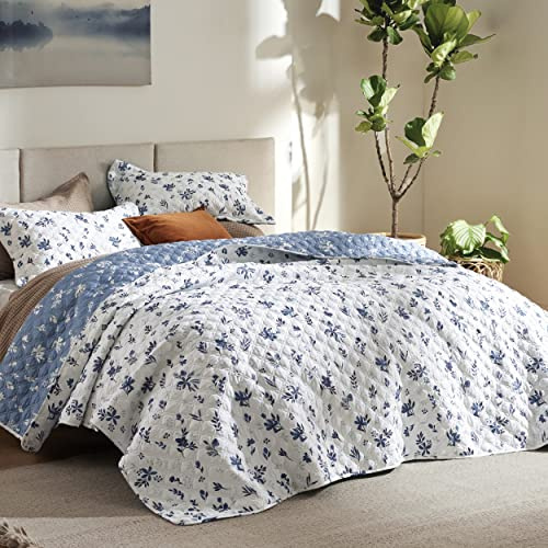 Bedsure Floral Quilt Queen Size - Reversible Blue & White Floral Comforter, Daisy Design Lightweight Bedspread Quilt Bedding, Soft Microfiber Coverlet for All Seasons (90x96)