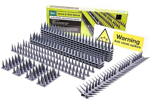 S4U Fence Wall Spikes Garden Tall Bird Spikes Cat Pigeon Deterrent Coverage of Approx.16M Per Box Anti Climb 44 x 4.3 x 3.8cm Warning Sign Included & Screws (Grey 24pcs)