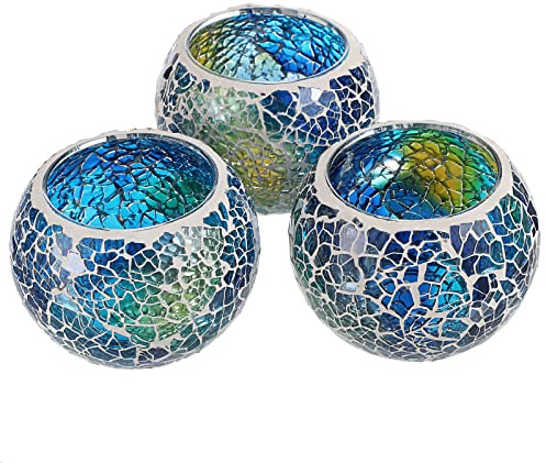 BSTKEY Juego de 3 portavelas de cristal con mosaico para velas de té, portavelas votivo decorativo, centro de mesa redondo para mesa, boda, fiesta, decoración del hogar (azul)