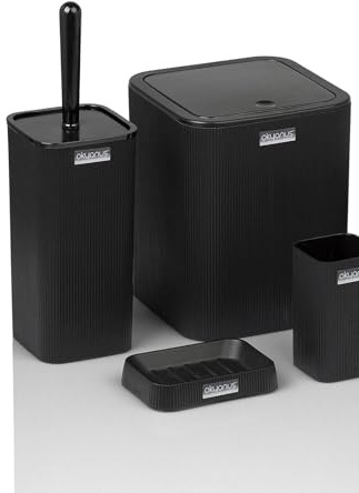 5-teiliges Badezimmer Zubehör Set Rund Schwarz – Luxus Modernes Bad Set mit Zahnbürstenhalter, Becher, Toilettenbürste, Seifenschale & Mülleimer