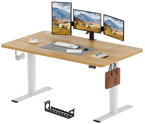 SANODESK Bureau Assis Debout Électrique 180 x 80cm, Bureau Debout Réglable en Hauteur avec Crochet/Porte-Bouteille Fonction Mémoire, Blanc+Érable
