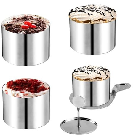4 Pcs Anillo de Pastel, 7,5 cm Aro Emplatar, Anillo de Tarta de Acero Inoxidable, Aros de Postre y Alimentación Redondos, Aros de Pastel, Anillos para Tartas Pasteles Mousse, con Elevador