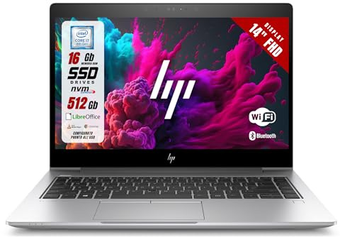 HP Elitebook, Intel i7-8550U 4 Core 1.8 Ghz, Display 14,1 Touch FHD, Ram 16Gb, SSD 512Gb, Pc Portatile Notebook Pronto all'uso, Win 11, Pacchetto Libre (Ricondizionato)