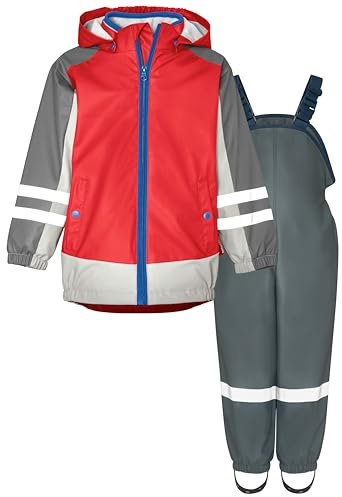 Playshoes regnset, tvådelad 3-i-1 regnjacka och regnbyxor, fleecefoder, 3-i-1 röd-grå fleece, 140