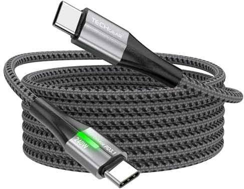 TECHGEAR Cable USB C, [2 m] 240 W PD3.1 de carga súper rápida tipo C a C indicador de luz LED, cable trenzado de nailon para MacBook Pro, iPad Pro/Air, HP EliteBook, S25 S24 Ultra, iPhone 16 15, PS5