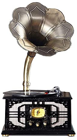 SGKOMN Gramophone en Bois, Style rétro, Tourne-Disque Vinyle Antique Big Horn, Compatible avec la Lecture de vinyles, de CD, Bluetooth sans Fil, Radio, Lecture de Disque U, Black