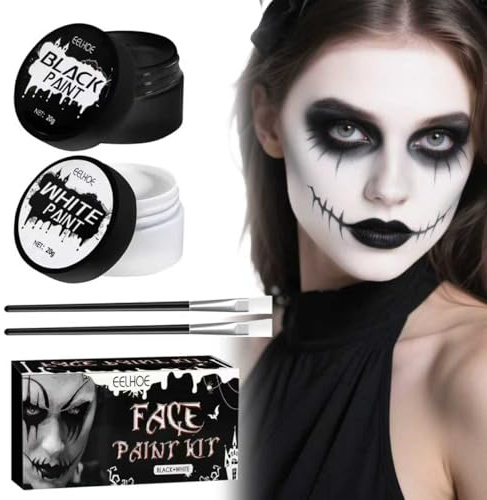 Maquillage Halloween Visage Noir et Blanc, Noir Blanc Visage Peinture Corps avec 2 Pinceaux, Peinture Corporelle pour Halloween Carnaval Théâtre Cosplay Fantaisie Clown SFX