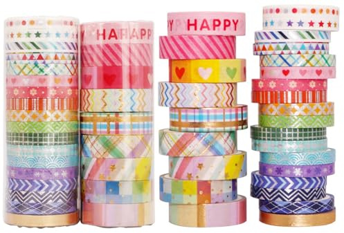 BetterJonny 27 Rollen Washi Tape Set, Klebeband Bunt Kinder Dekoratives Washi-Tape Niedliche Goldfolie Dekorative Masking Tape für Valentinstag Scrapbooking und Bullet Journals(5mm/10mm x 3m)