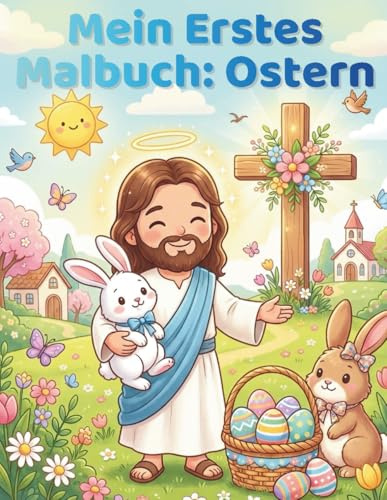 Mein Erstes Malbuch: Ostern: 50 einfache Oster- und christliche Motive für Kleinkinder mit Hasen, Eiern, Küken und dem Heiligen Kreuz | Großformat und einseitig bedruckt
