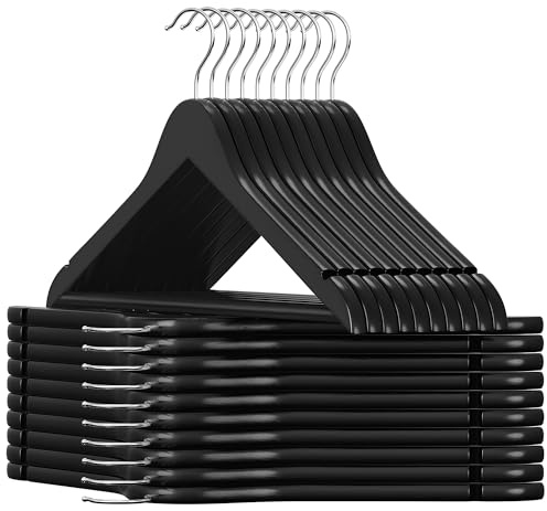 SONGMICS Wooden Clothes Hangers, Set of 20, Solid Wood Hangers, Notches in the Shoulder Area, Non-Slip Trouser Bar, 360° Rotating Hook, for Suits, Shirts, Black/Silver CRW02B-20