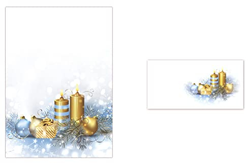 100 Blatt Briefpapier DIN A4 + 100 Stück Umschläge 5051 Weihnachten goldene Kerzen Kugeln Motivpapier / Premium Briefumschläge DIN lang (110 X 220mm) mit Motiv bedruckt, Briefhüllen Kuvert, ohne Fenster, haftklebend