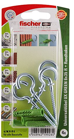 Fischer Universaldübel UX Green 6x35 R RH K mit Rand, 4 x Rundhaken 4,5 x 67, 524803