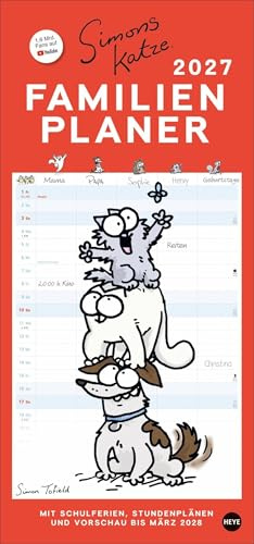 Simons Katze Familienplaner 2027: Familienkalender mit 5 Spalten. Humorvoll illustrierter Familien-Wandkalender mit Schulferien und Stundenplänen.