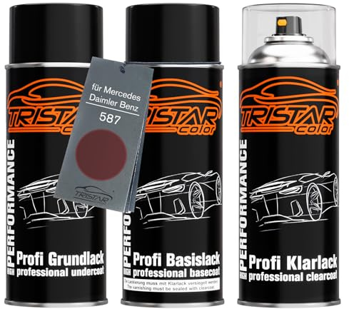 TRISTARcolor Autolack Spraydosen für Mercedes 587 Pajettrot Metallic +1K | für Mercedes / Daimler Benz, Set aus Grundlack + Basislack + Klarlack, Sprühdosen 400ml
