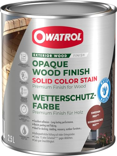 OWATROL Solid Color Stain, Wetterschutzfarbe, Acryl-Decklack, dauerhaft deckender Anstrich (Schwedenrot, 2,5 Liter)