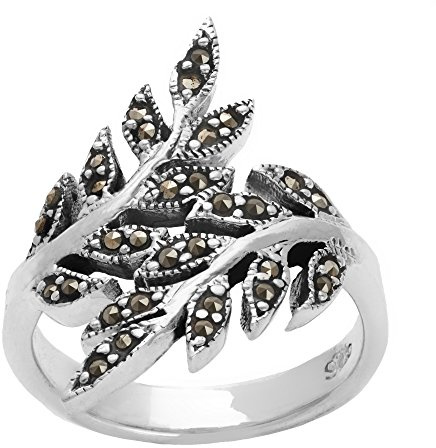 Silverly Anillo Hojas Anchas Marcasita Plata 925, Estilo Vintage Años 20 | Anillo Plata de Ley Ramas Árbol Superpuestas Mujer | Diseño Art Nouveau Inspirado Naturaleza | Joyería Gótica Llamativa