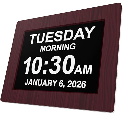 American Lifetime, New Version, Day Clock Extra Large Impaired Vision Digital Clock with Battery Backup and 5 Alarm Options, Premium Mahogany Color, 8 inch