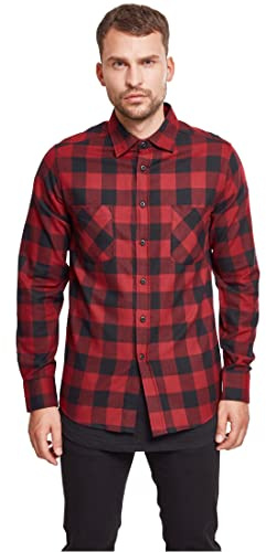 URBAN CLASSICS Camicia in Flanella a Maniche Lunghe da Uomo, Camicia Casual Lunga con Bottoni per Uomo, Vestibilità Regolare, Cotone Flanella, Colore: Nero/Bordeaux, Taglia: M