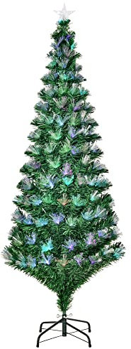 HOMCOM Albero di Natale 180cm con 230 Luci a LED e Fibre Ottiche Colorate, 230 Rami in PVC Ignifughi e Base in Metallo