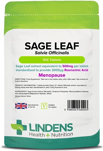 Lindens - Sage Leaf Extract 500mg Tablets - 100 Pack - UK Made - Equivalent to 500mg Dried Leaf Per Tablet - Standardised to Yield 2mg Rosmarinic Acid - Letterbox Friendly, Vegan