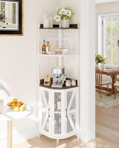 GarveeMore Eck-Barschrank Mit Steckdose Industrieller Weinschrank Mit LED-Streifen Und Glashalter, 5-Stöckiges Sideboard-Buffetschrank Freistehender Kaffee-Barschrank Für Wohnzimmer, Hausbar
