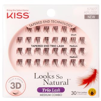 Kiss Looks So Natural Trio Cluster Lashes, 30 Short & Medium Lengths, Trim to Fit, 12mm, Easier to Apply than Individual Clusters, Lightweight, Tapered End Technology, Reusable with Proper Care