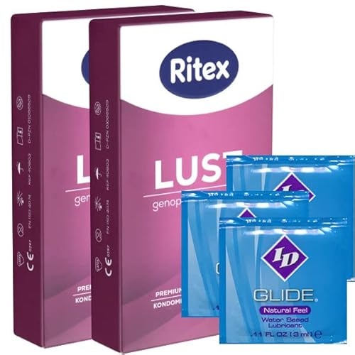 Ritex Lust, Stimulierende Kondome - Genoppte & Gerippte Kondome mit luststeigernder Struktur - 16 (2 x 8) Stück plus 3x ID Lube 3ml