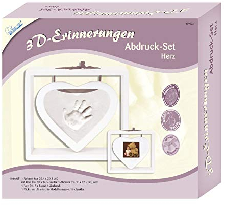Mammut Spiel & Geschenk 129023-3D Erinnerungen Abdruck-Set Herz, Komplettset mit Herz-Holzrahmen (MDF), 1 Zierband, 1 Pck. Modelliermasse und 1 Holzroller, Kreativset für Junge Eltern