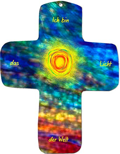 metALUm Kleines Holzkreuz zum Aufhängen umweltfreundlichem Holzverbundstoff, Motiv: Sonne und Mosaik, Ich bin das Licht der Welt, Geschenk zur Kommunion, Konfirmation oderTaufe,