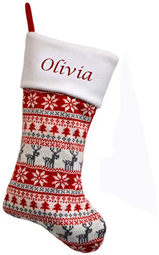 Hoolaroo Personalised FairIsle 40cm Knit Christmas Stocking Red Cream Boot Xmas Stocking Knitted