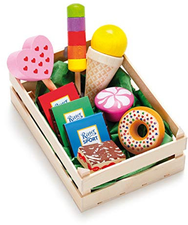 Erzi 28135 Sortiment Süßwaren aus Holz, Kaufladenartikel für Kinder, Rollenspiele