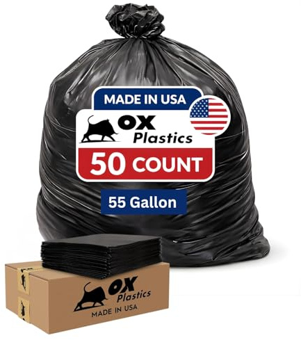 Ox Plastics - Bolsas muy resistentes para grandes contratistas de 250l y 3 mm de grosor - Bolsas de basura extra grandes para cubos de basura - 91 x 132 cm, 55 Gallon, Negro, 50