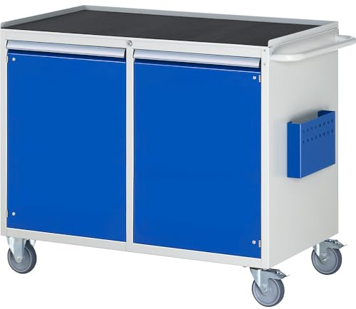 RAU | Kompaktwerkbänke | fahrbar | 2 Türen | Metallablage mit Gummimatte | lichtgrau/enzianblau