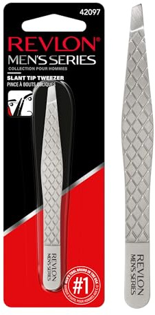 Revlon Slanted Tip Tweezers for Men, Ultra-Sharp for Precision Eyebrow Shaping and Facial Hair Removal, Larger Non-Slip Grip, Stainless Steel, 1 count
