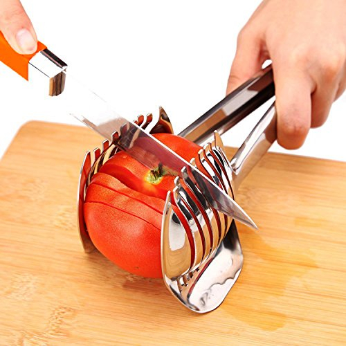 Best Utensils Tomato Slicer Lemon Cutter 18/8 Stainless Steel Multipurpose Round Fruit Tongs Onion Holder Easy Slicing Kiwi Fruits & Vegetable Tools Kitchen Cutting Aid, Dishwasher Safe