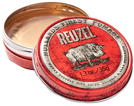 Reuzel Red Water Soluble High Sheen Pomade - No Dry Formula - Keeps High Shine and Strong Hold All Day without Flaking - Easy Rinse Out - Subtle Vanilla Cola Fragrance - Vegan Formula - 35 g