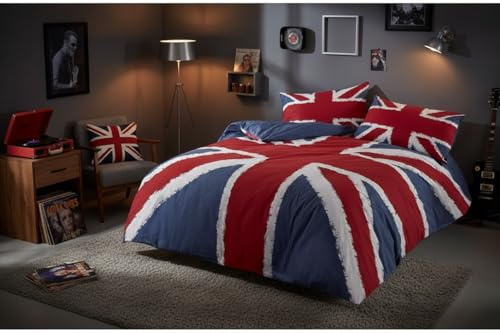 Rock N Roll Funky Union Jack British Uk Blue Red White Double Duvet Cover Bedding Bed Set, Blue