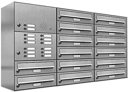 AL Briefkastensysteme 14er Briefkastenanlage mit Klingel, V2A Edelstahl, Premium Briefkasten DIN A4, 14 Fach Postkasten modern Aufputz