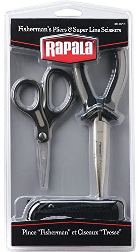 Rapala - Kit de Pesca Pliers & Super Line Scissors - Kit Pesca con 1 Alicate Multiuso de 16cm, 1 Tijeras Especial Trenza - Artículo de Pesca con Mango Ergonómico - Negro/Gris